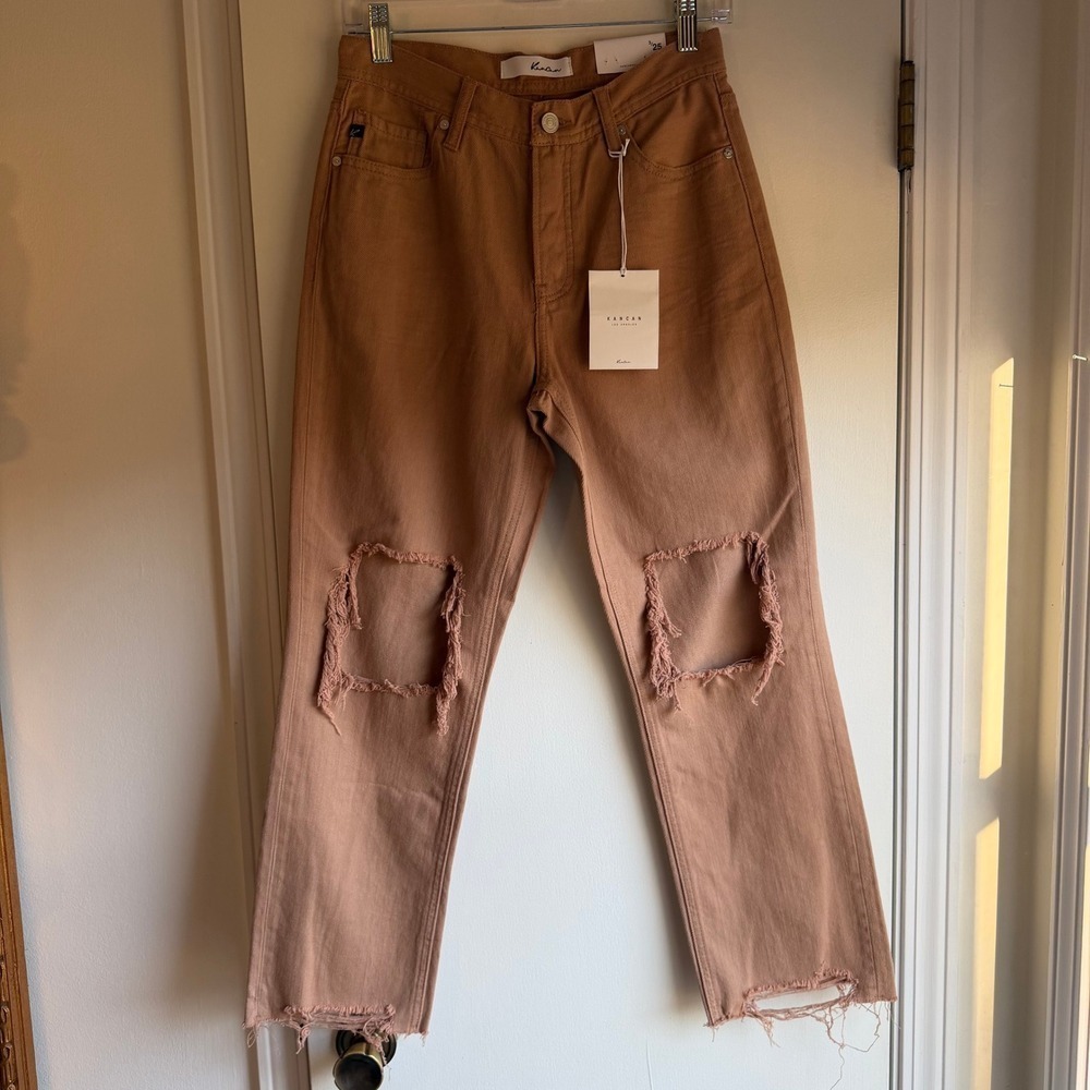 NWT Kancan Jeans Women Size 3 Brown Straight Fit Distressed Cropped Raw Hem